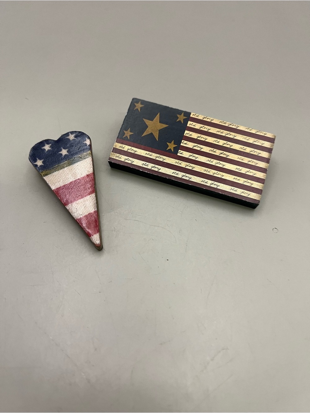 Vintage Wooden Patriotic Flag Brooch Old Glory USA Heart Handmade Primitive